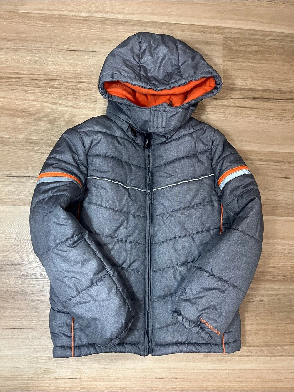 London Fog Kids Active Puffer Jacket Winter Coat Gray & Orange, Size M 10-12
